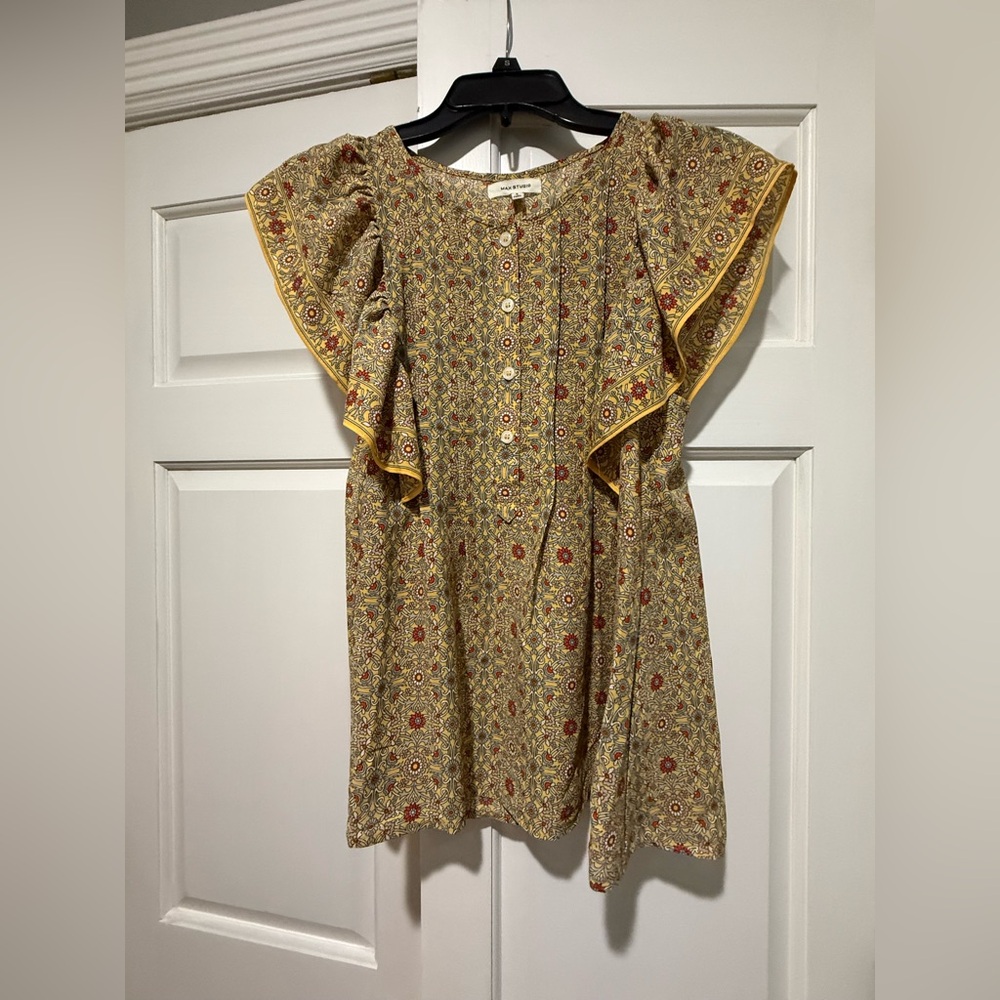 Max Studio Gold and Red Ruffled Flutter Sleeve Blouse